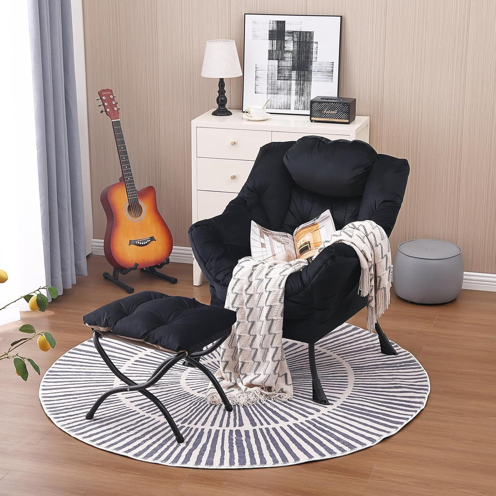 Large Upholstered Lounge Chair With Ottoman And Armrests