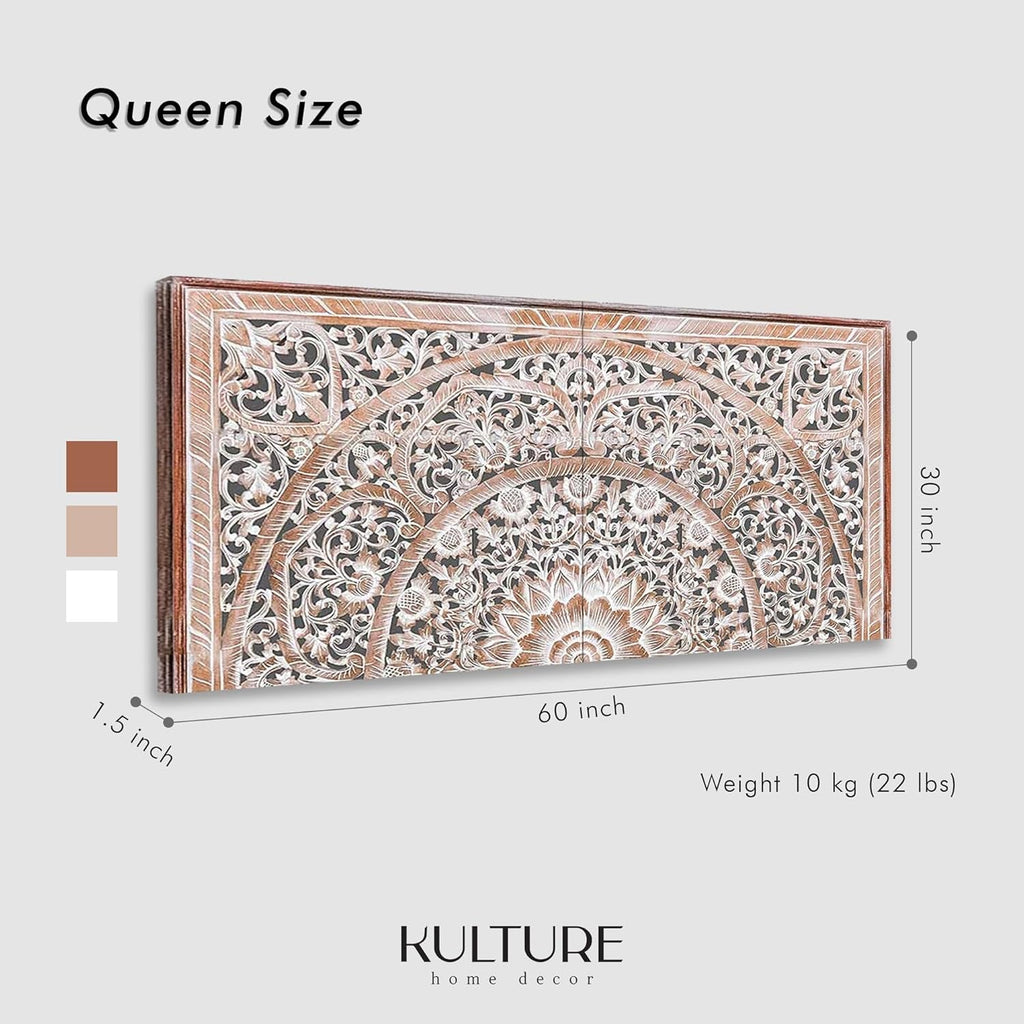 Handcrafted White-Wash Wooden Queen Headboard with Carved Design