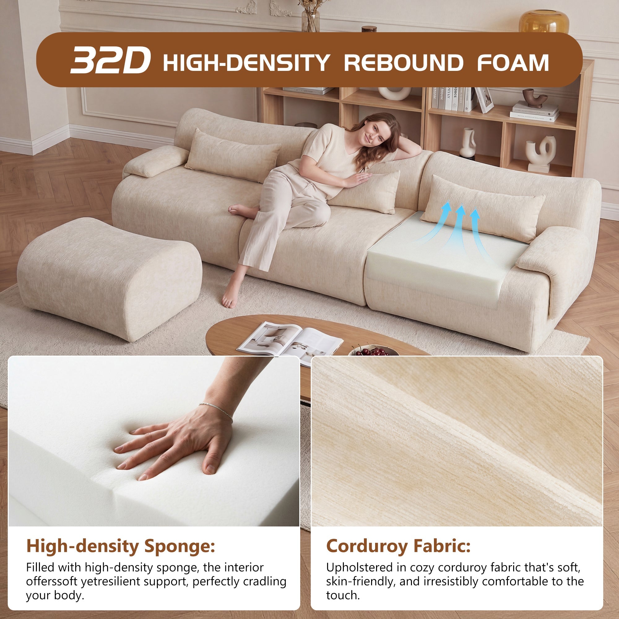 Sofa Curved White 3 Seater with Anti Slip No Assembly Chaise