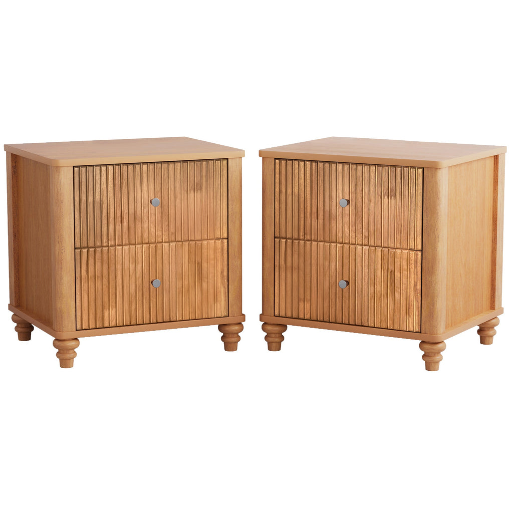 Mid Century Fluted Nightstand with 3 Drawers, 21.65 in Wide, Natural, 2-Piece