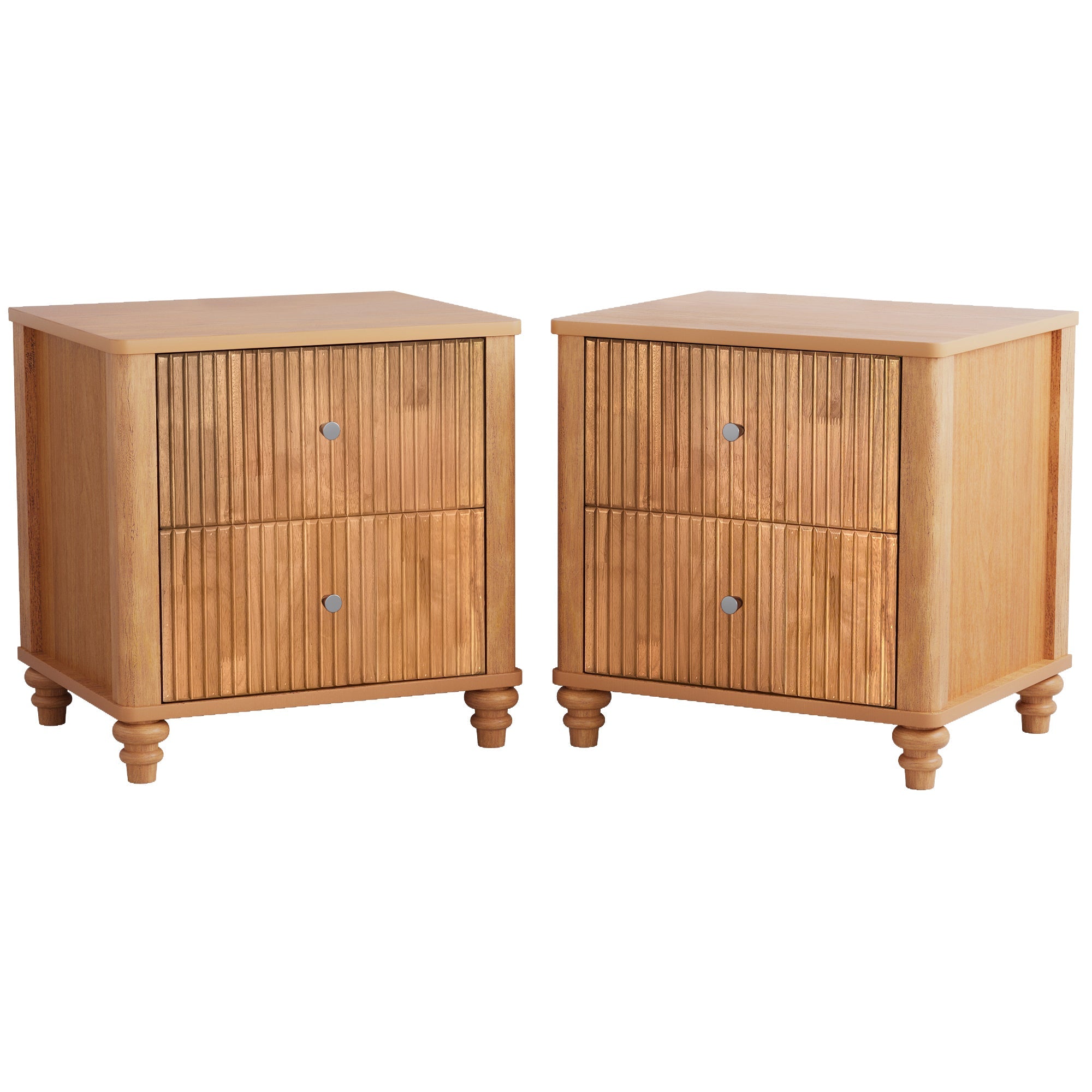 Mid Century Fluted Nightstand with 3 Drawers, 21.65 in Wide, Natural, 2-Piece
