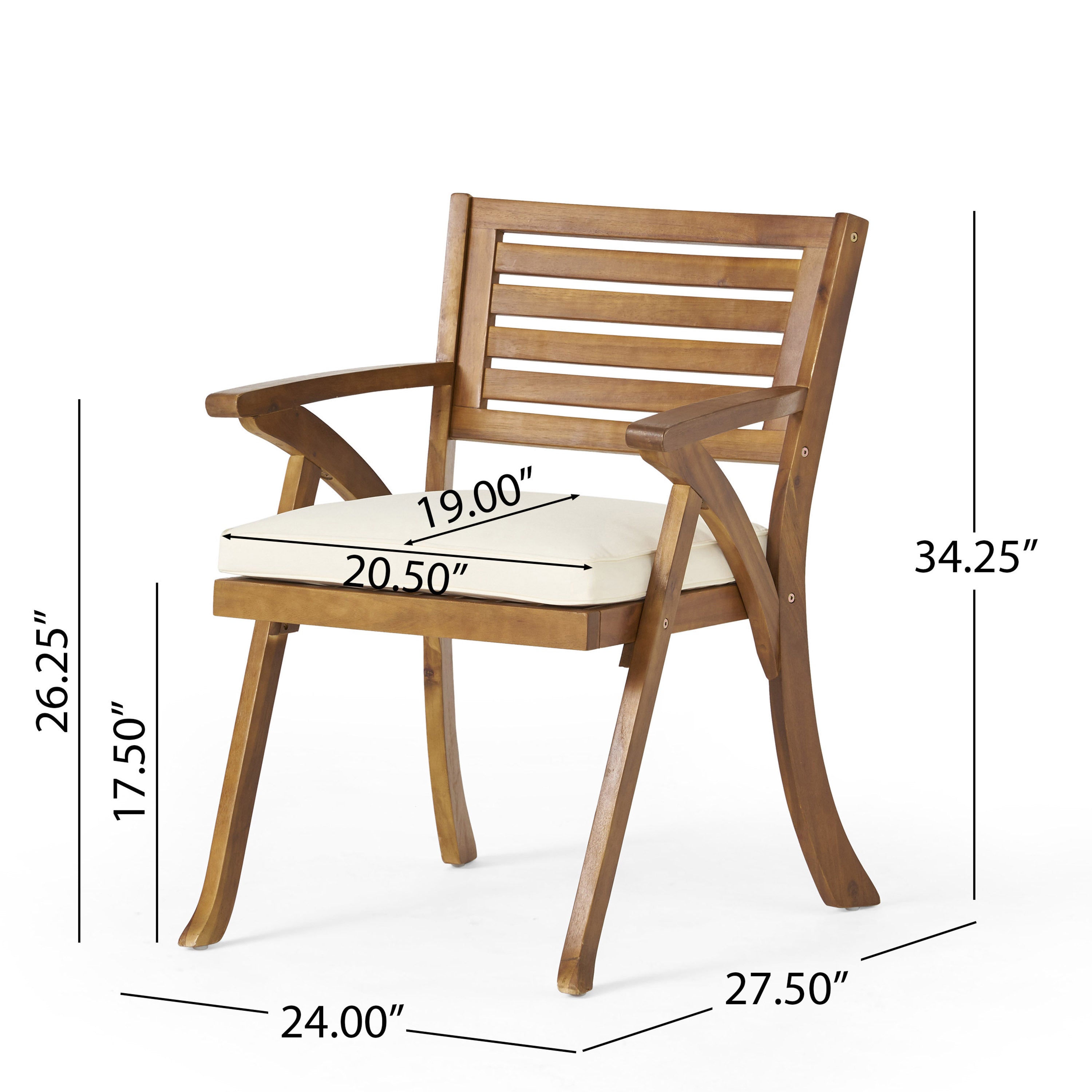 Outdoor Dining Chair Acacia Wood Teak Cream Cushion Set of 2 400 LB 27.5 In