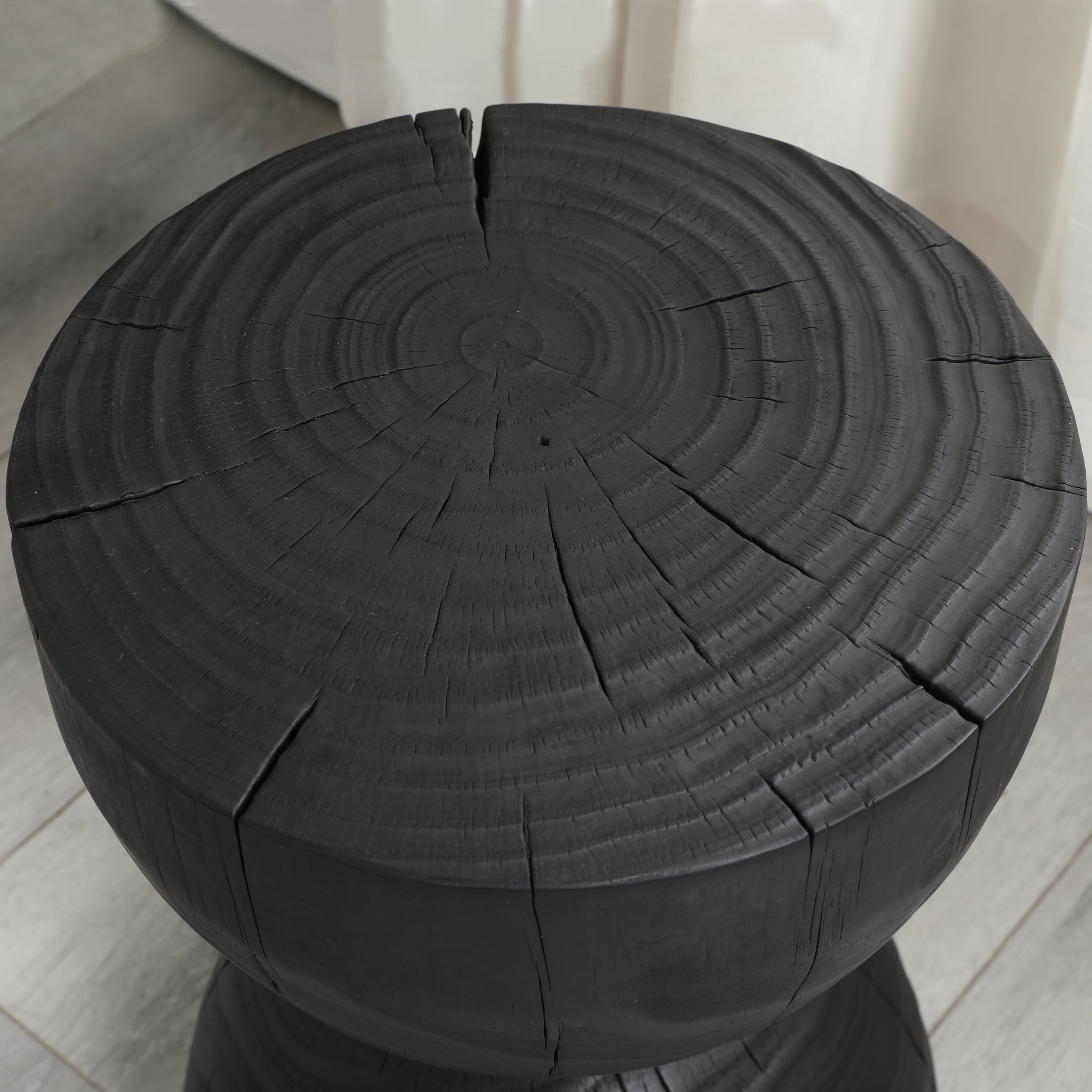 Solid Mango Wood Round Side Table, 12.2x18.11 in, Black, Burnt Vintage Look
