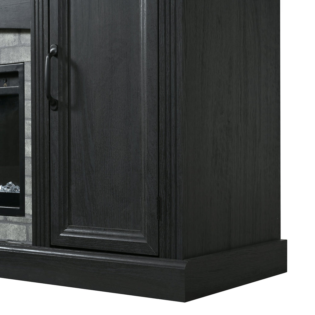 TV Stand Fireplace Black MDF Walnut Top Gray Brick 1400W Fits 70 In TV 66.9 In
