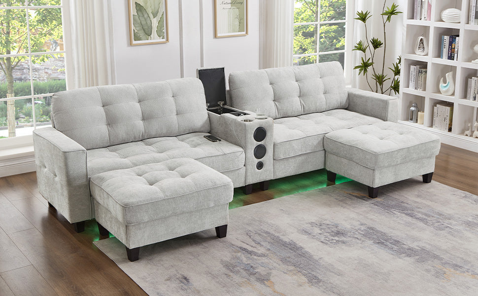 Sectional Sofa U-Shape Chenille Light Gray 6 Seat Bluetooth 126 In