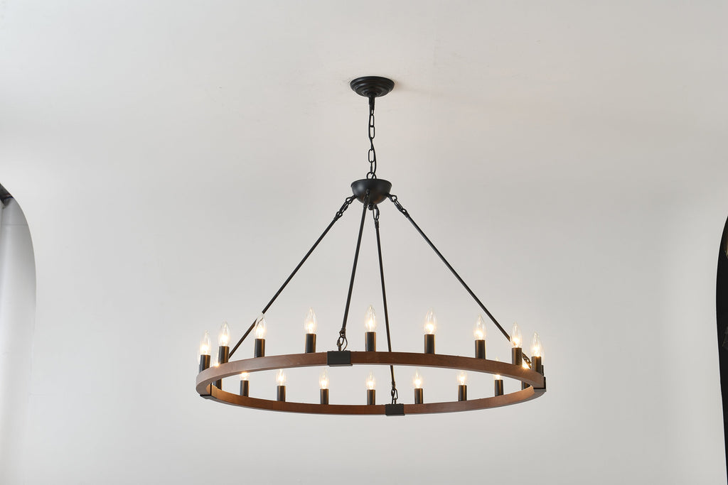 Chandelier Wood Wagon Wheel 20-Light Farmhouse Matte Black 39.3 In