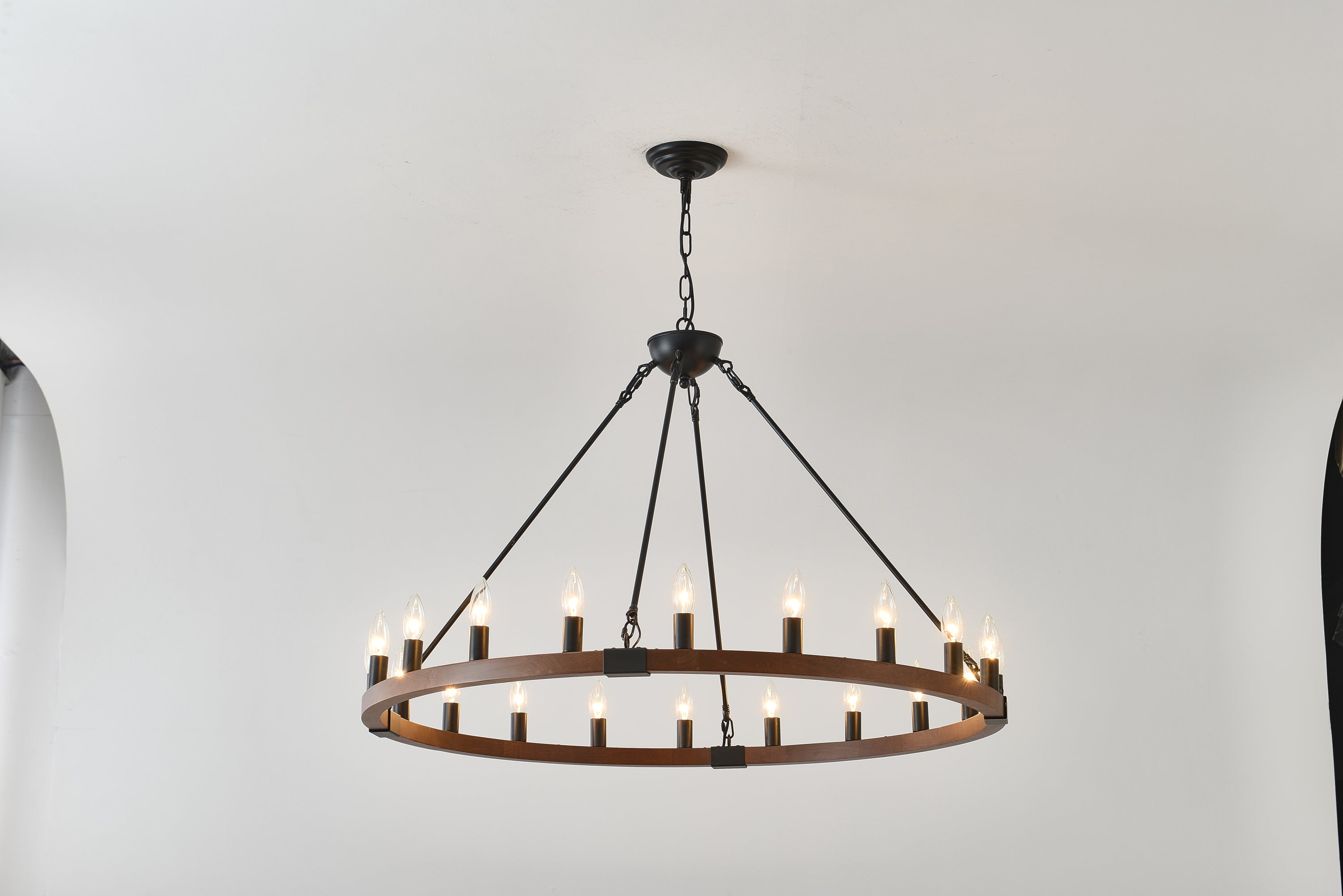 Chandelier Wood Wagon Wheel 20-Light Farmhouse Matte Black 39.3 In