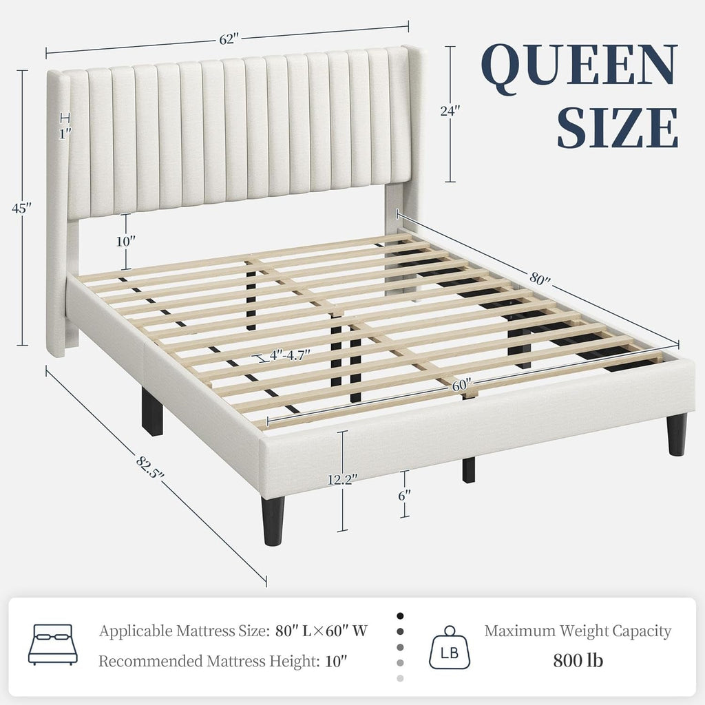 Queen Upholstered Platform Bed With Beige Headboard