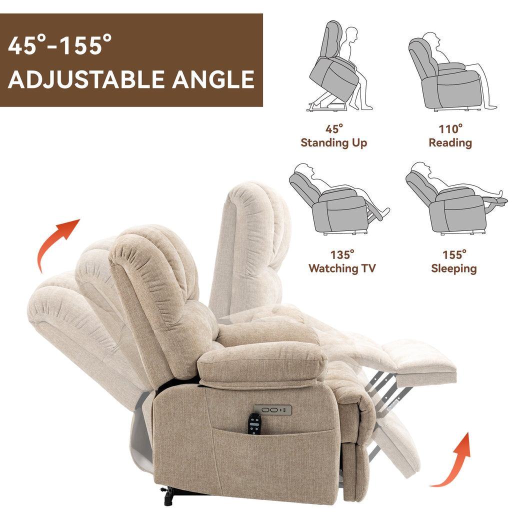 Lift Recliner Chair Power Oversized Chenille Beige 23 In Seat USB 350 LB