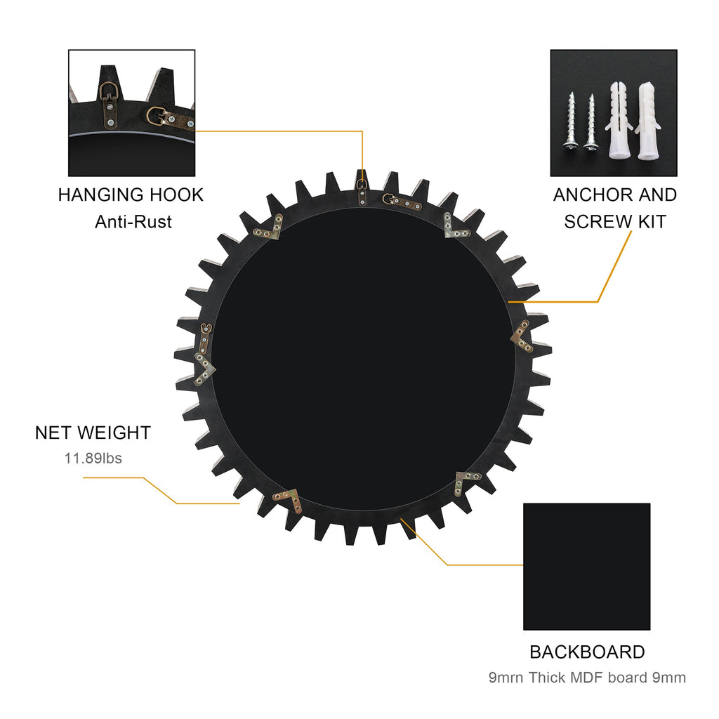 Wall Mirror Round Gear Shape Antique Dark Brown Wood 17x17 Inch Living Room