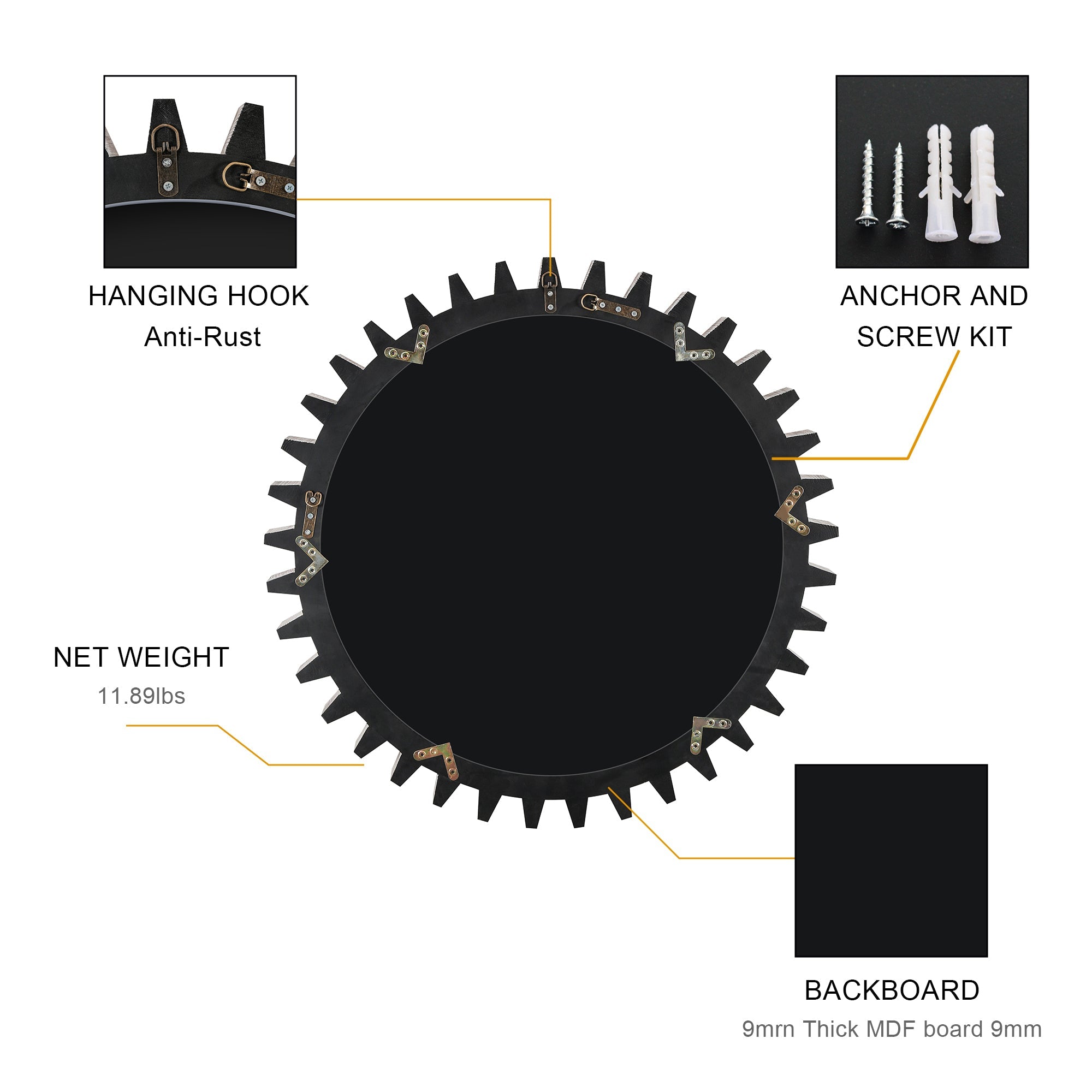 Wall Mirror Round Gear Shape Antique Dark Brown Wood 17x17 Inch Living Room