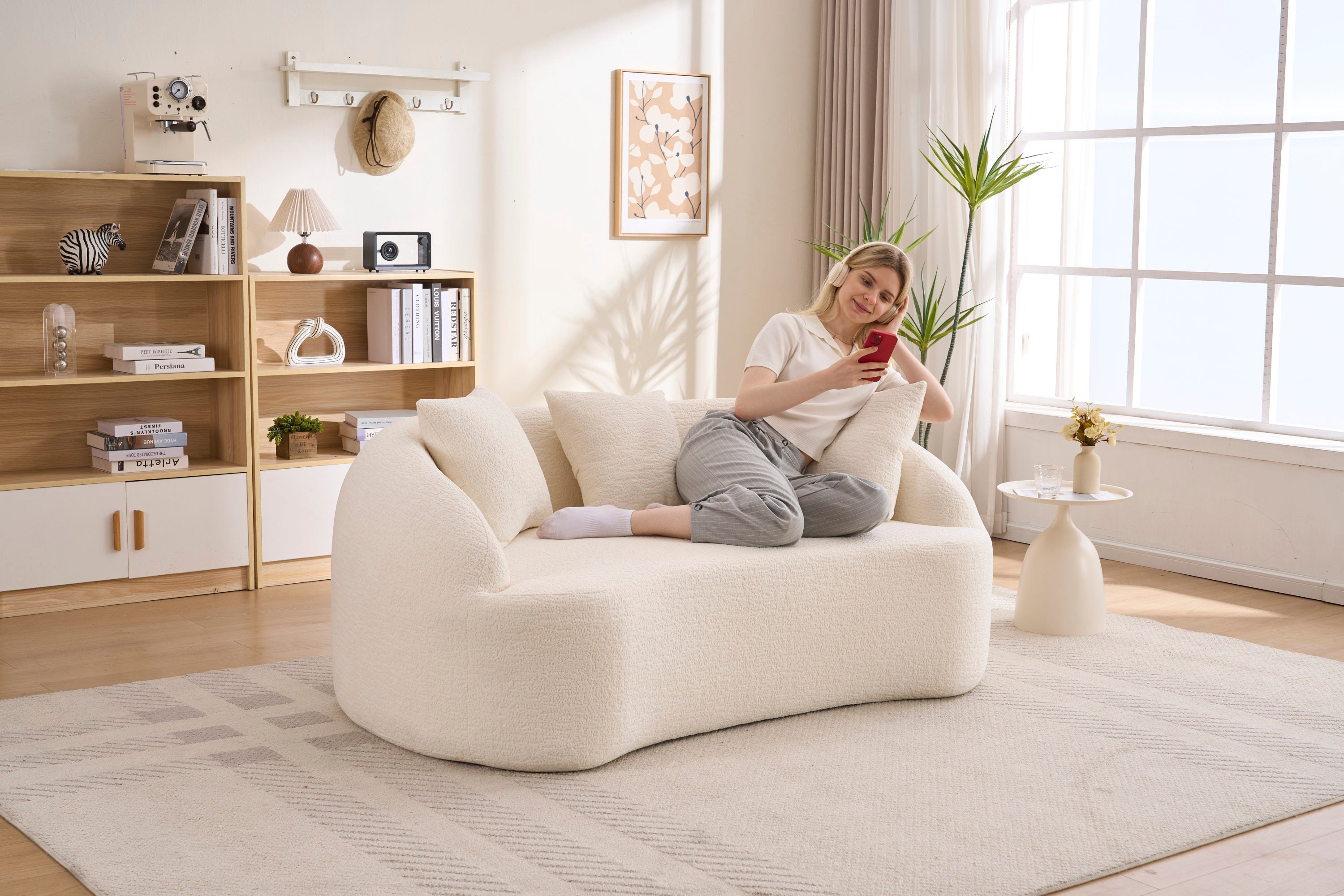 Sofa Curved Modern Off White Chenille 2-seater Space-Saving Compact