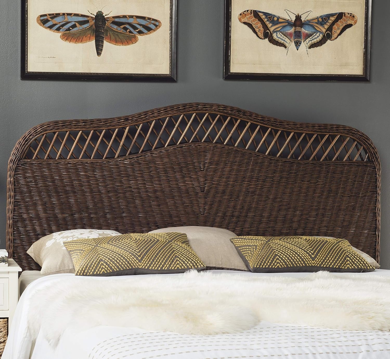 Intricately Woven Brown Rattan Queen Size Headboard
