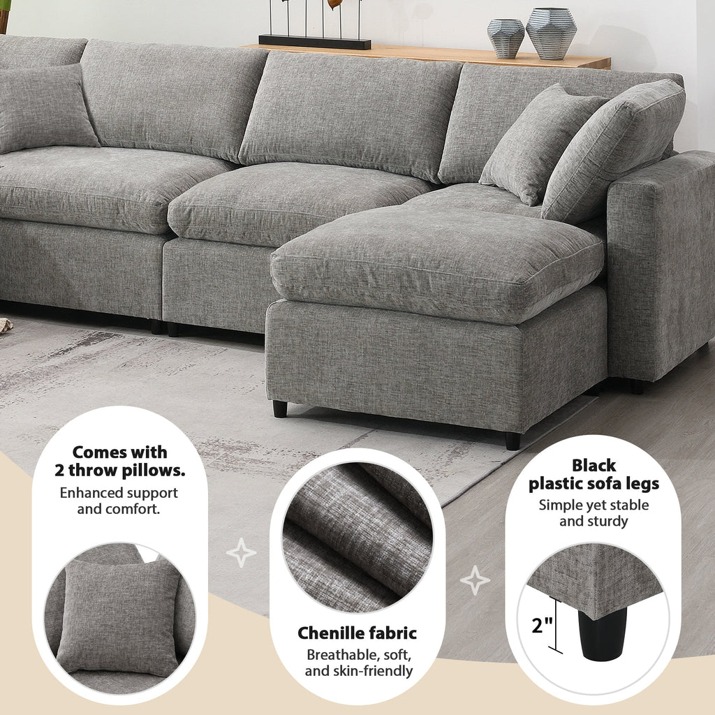 Sofa Modular U-Shape Chenille Gray 6 Seat Convertible Ottoman 130 In