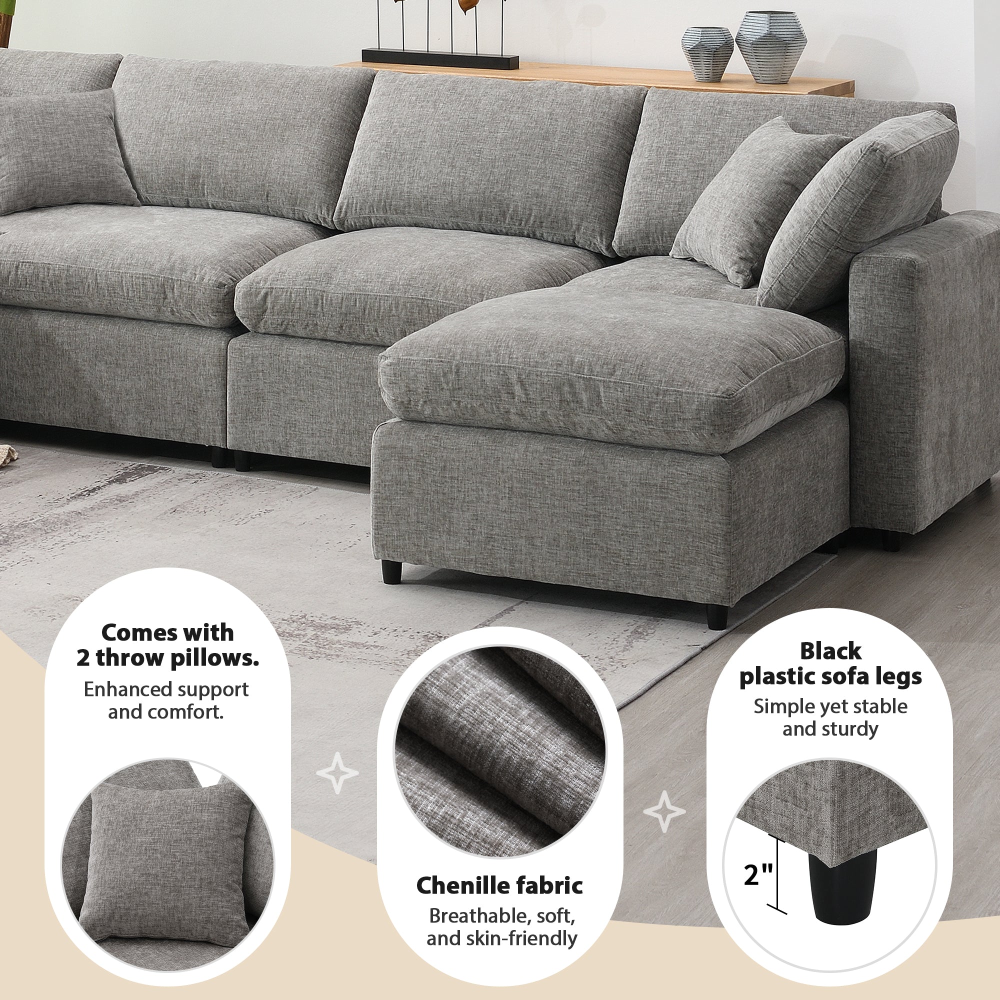 Sofa Modular U-Shape Chenille Gray 6 Seat Convertible Ottoman 130 In