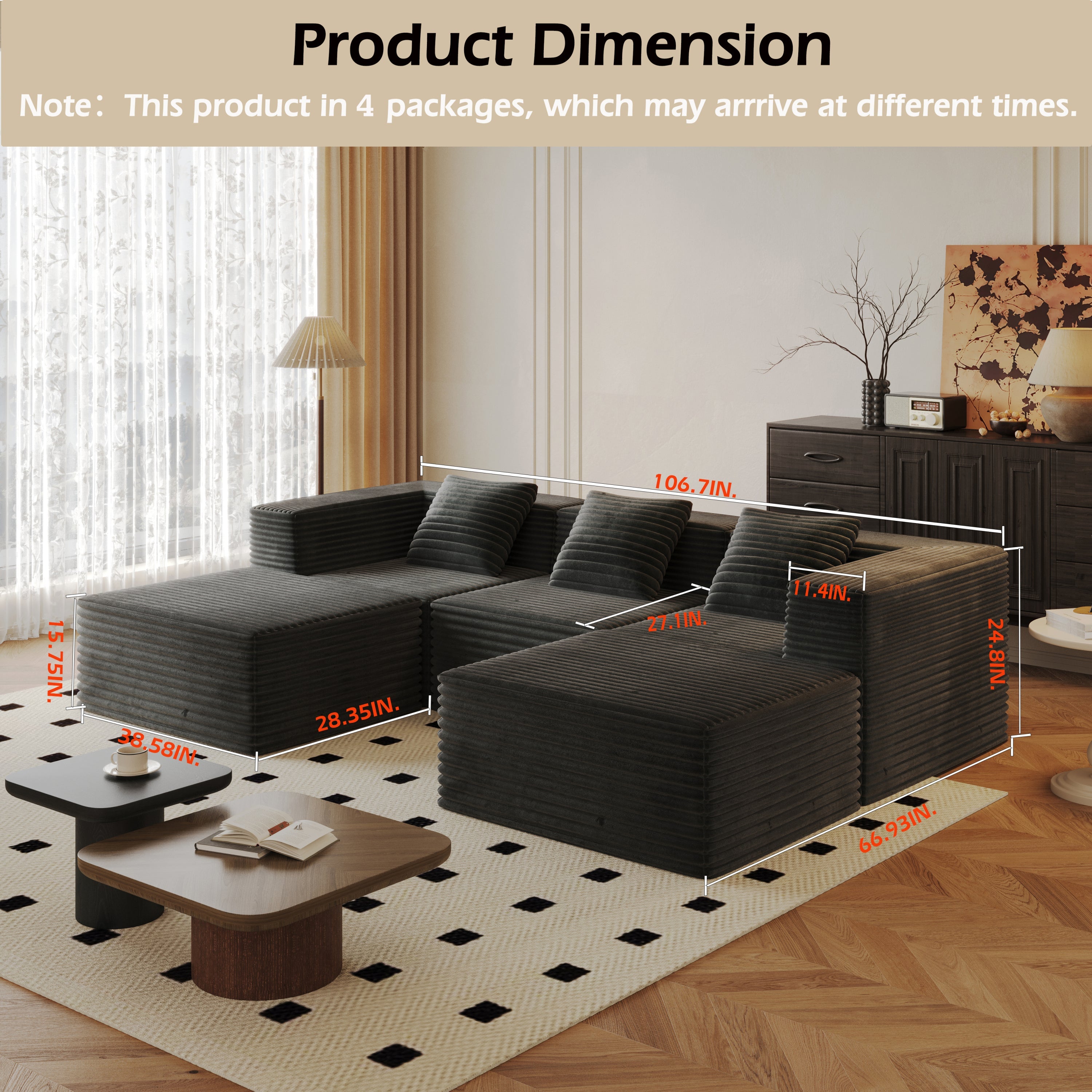 Sectional Sofa Modern Grey Modular Three Seater with Two Ottomans Deep Seat