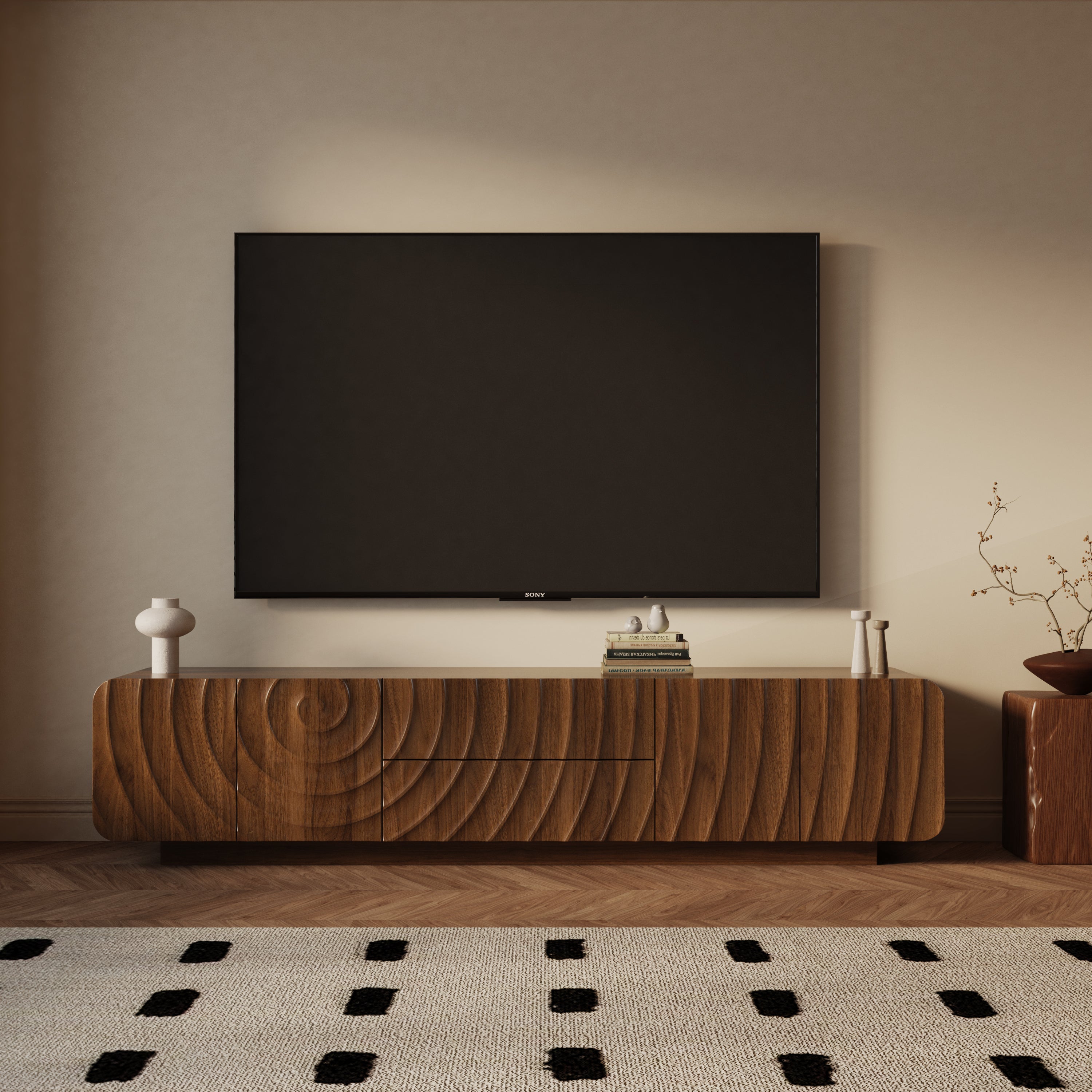TV Stand Mid-Century Spiral Wave Walnut MDF Floating Base Fits 85 In TV