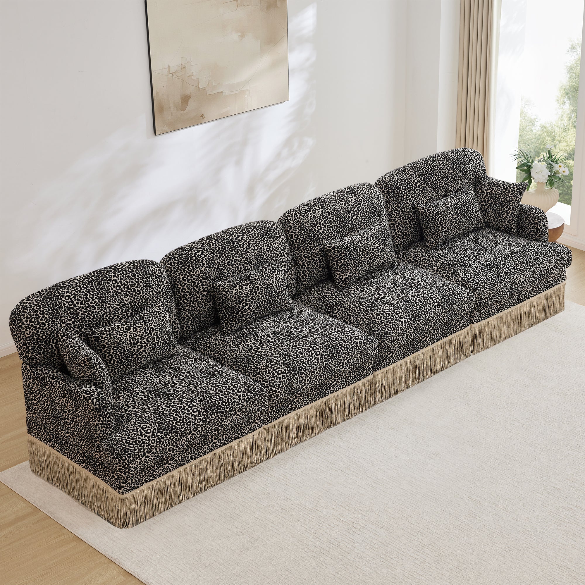 Sectional Sofa Modern Leopard Chenille Khaki Black 4-seater Deep Seat