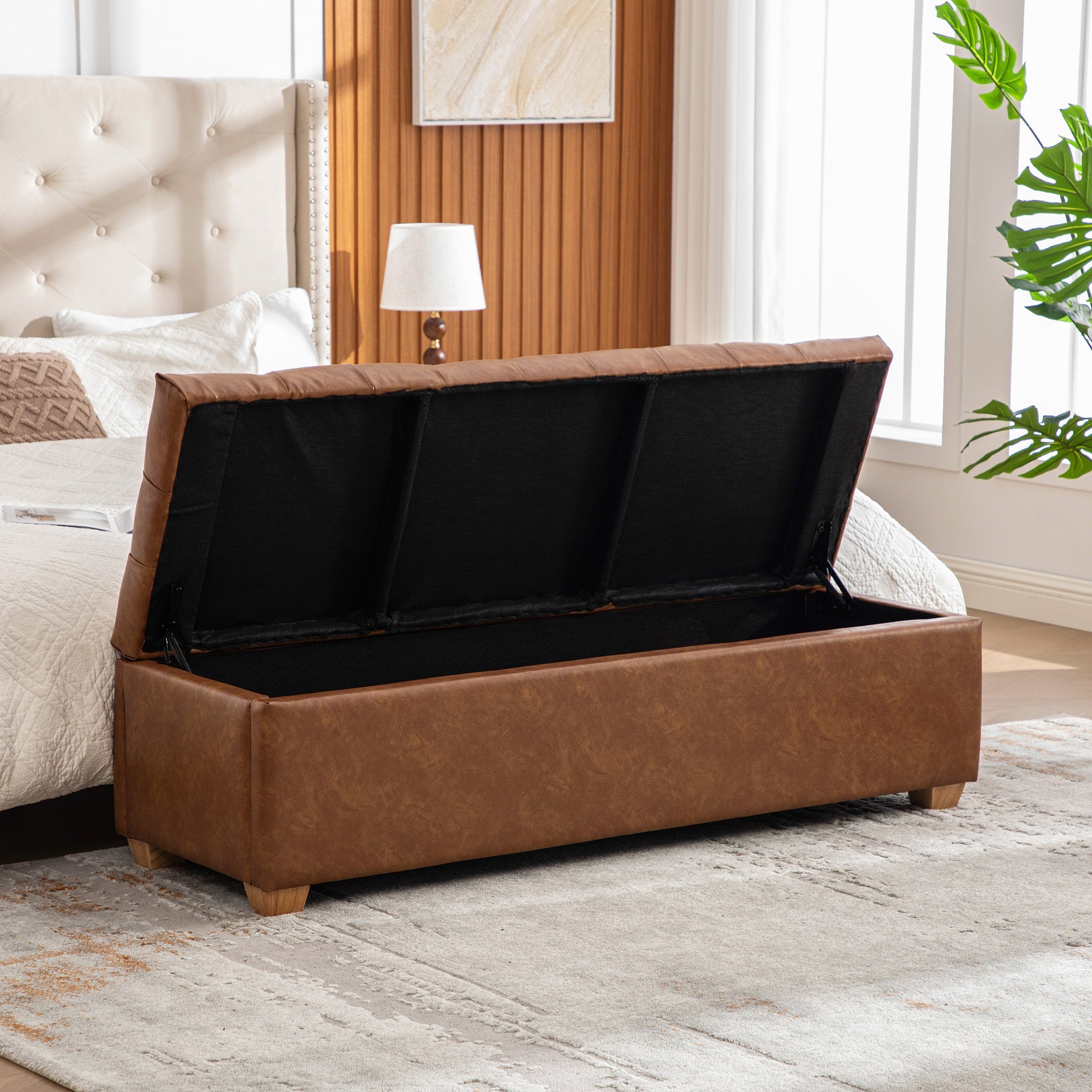 Storage Bench Tufted End of Bed Pu Upholstered Brown 60.2in Wide