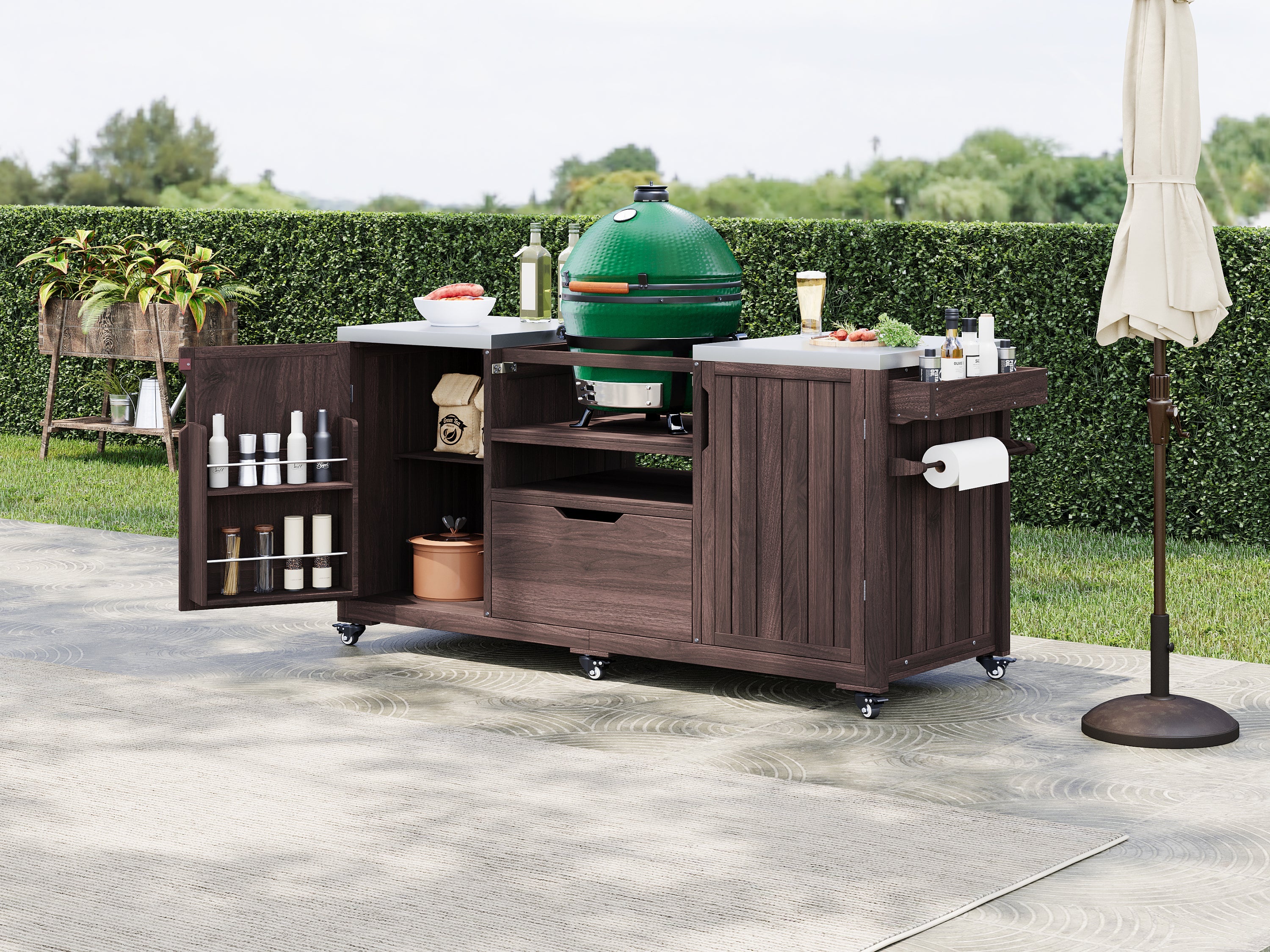 Outdoor Kitchen Island Grill Cart Fir Wood Stainless Steel Top 66.5x23x34 In