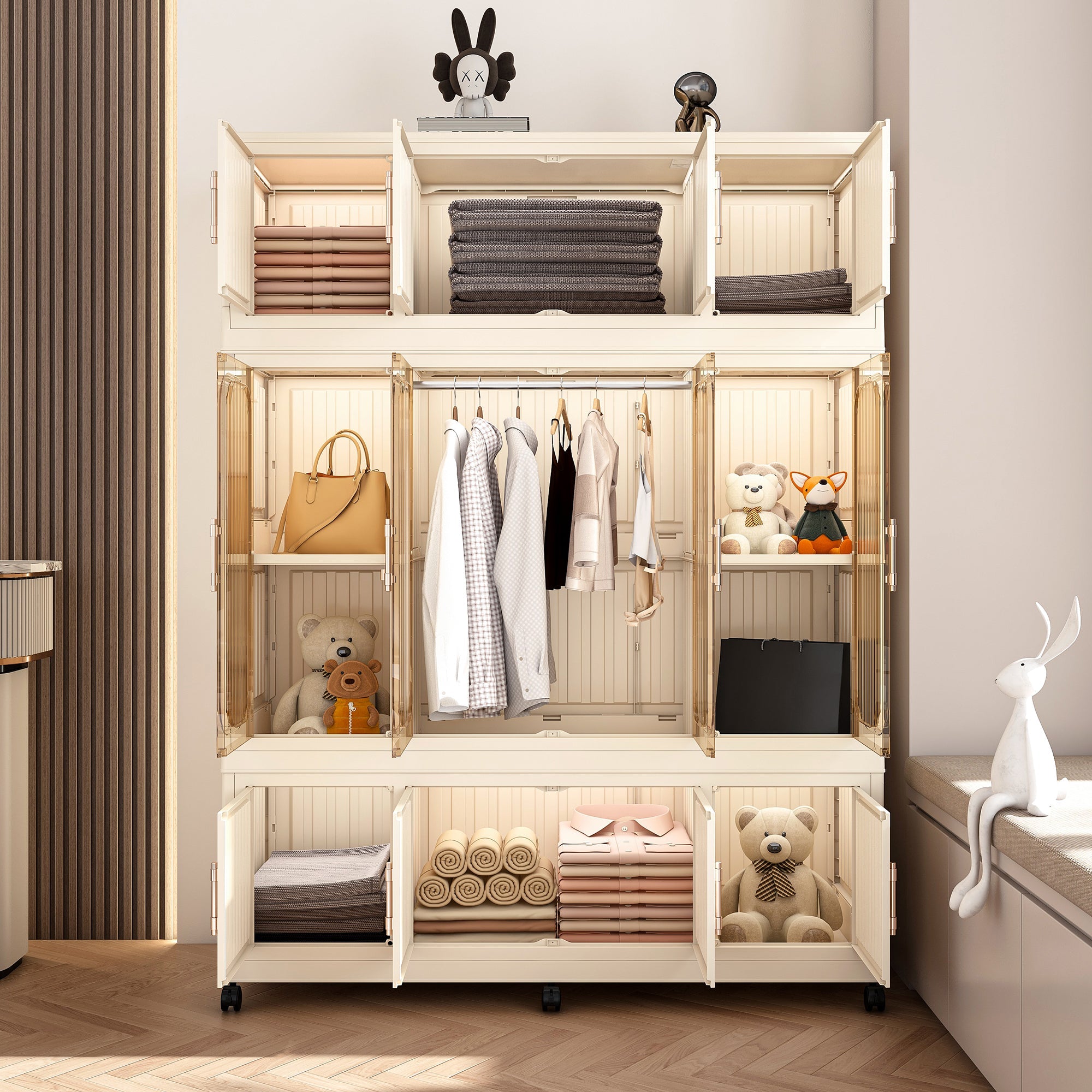Wardrobe Closet Organizer PP Creamy White 12-Cube Hanging Rod 48x62.2 In