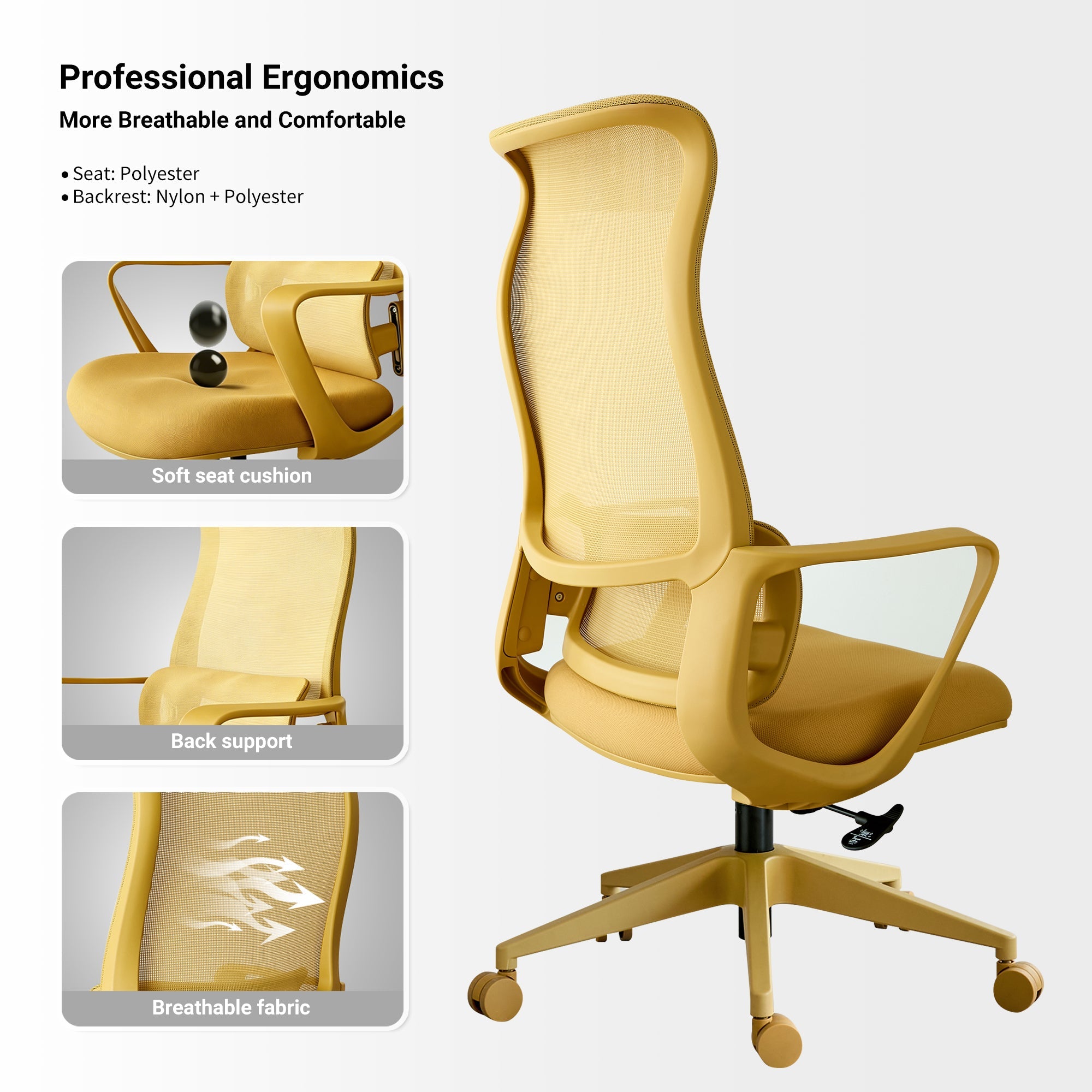 Ergonomic Office Chair Mesh High-Back Yellow 350 LB Lumbar Support Swivel