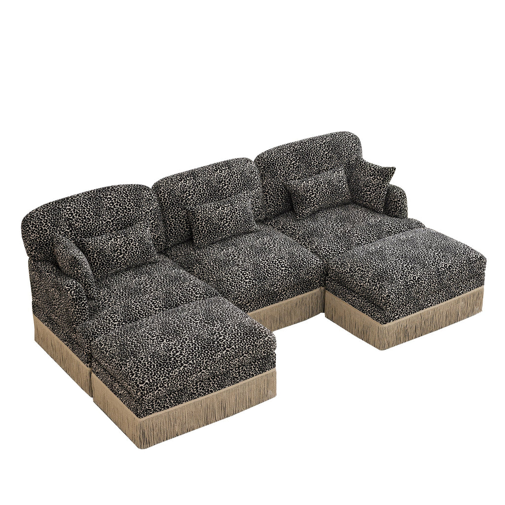 Sectional Sofa Modern Leopard Chenille Khaki Black 4-seater Deep Seat