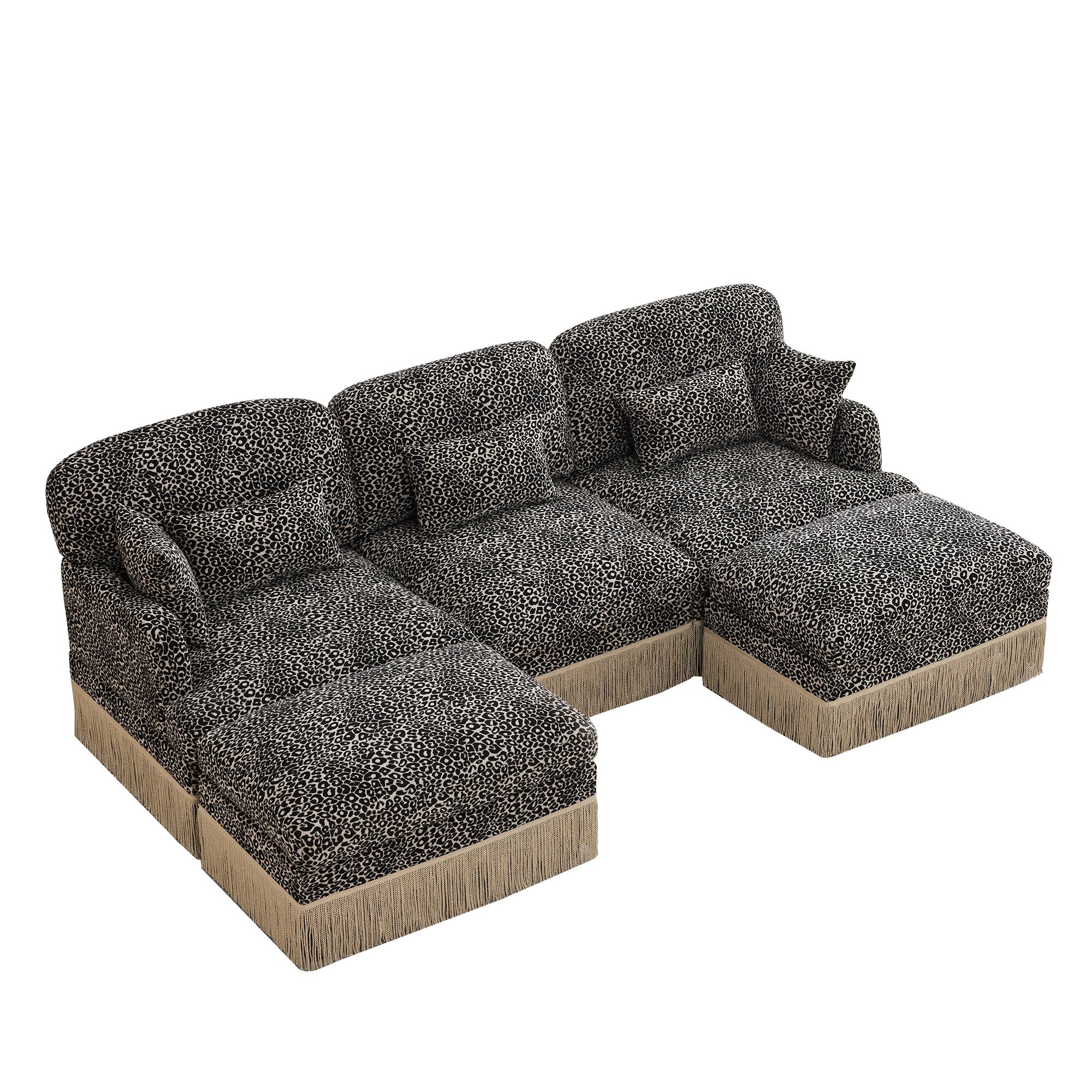 Sectional Sofa Modern Leopard Chenille Khaki Black 4-seater Deep Seat