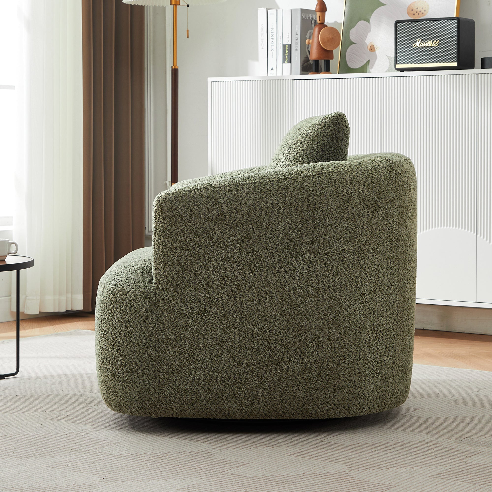 360° Swivel Chair, Chenille Upholstered Barrel Sofa Chair with Throw Pillow, Green, 38.2' for Living Room, Bedroom, Office
