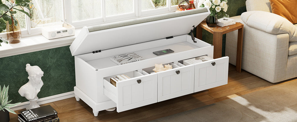 Entry Bench Fluted MDF White Cushioned Seat 3 Drawers 44x16x19 In 220 LB