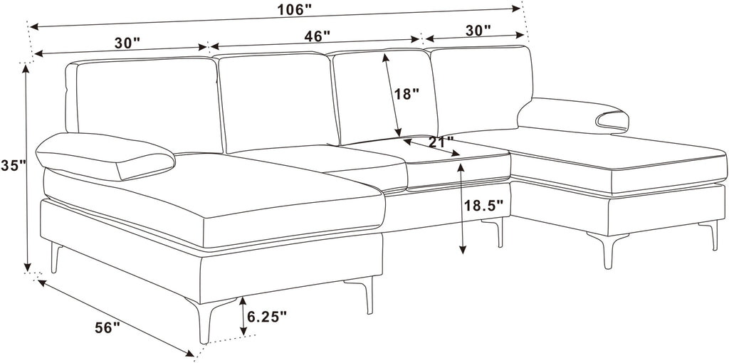 Sectional Sofa U-Shape Polyester Blend Khaki 4-Seat Double Chaise 106x56 In