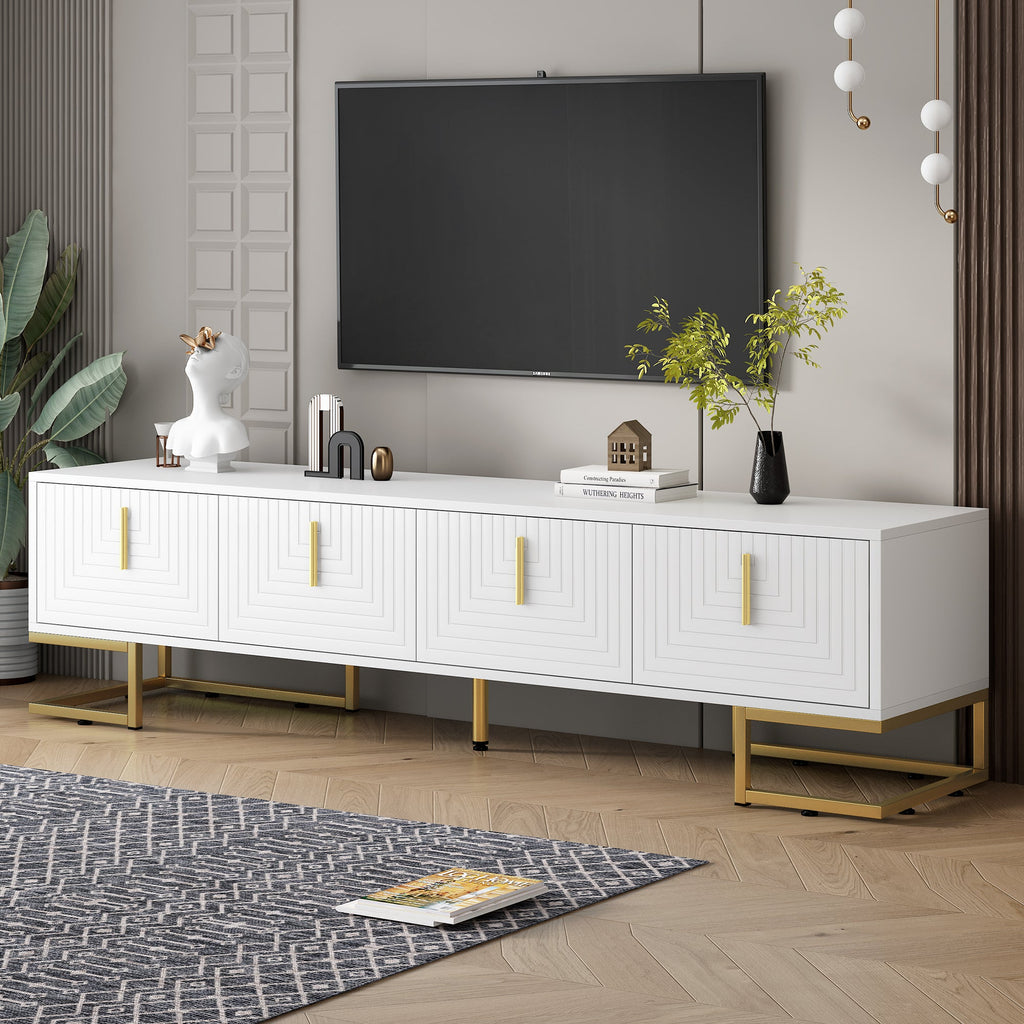 TV Stand Modern White Gold Geometric Door MDF Adjustable Shelves Fits 80 In