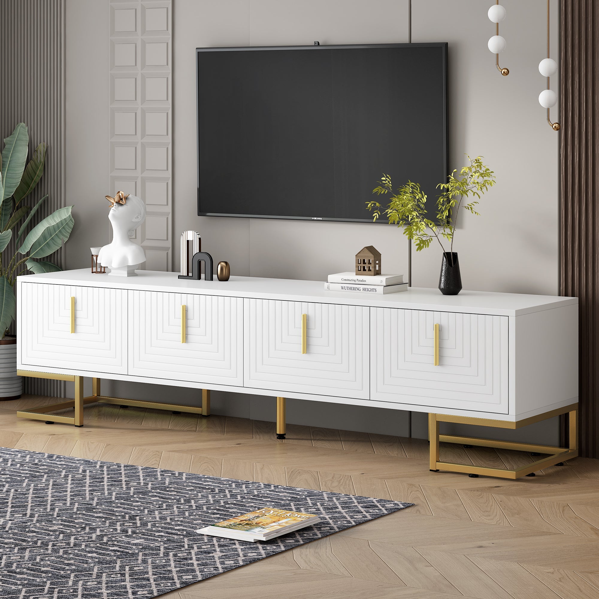 TV Stand Modern White Gold Geometric Door MDF Adjustable Shelves Fits 80 In