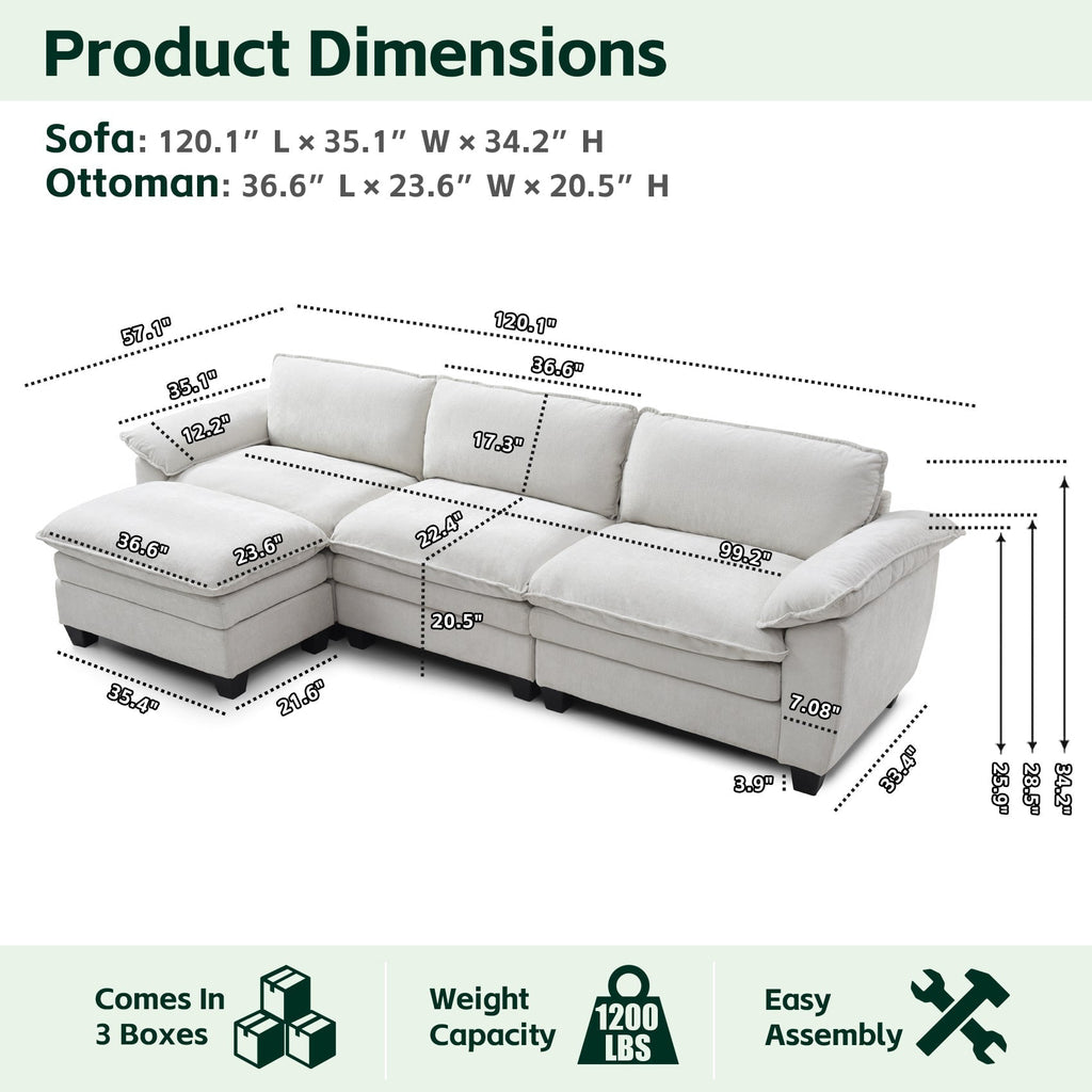 Living Room Furniture Sofa Luxury Couch with Ottoman Soft Chenille Upholstered L Shape Sofa Beige