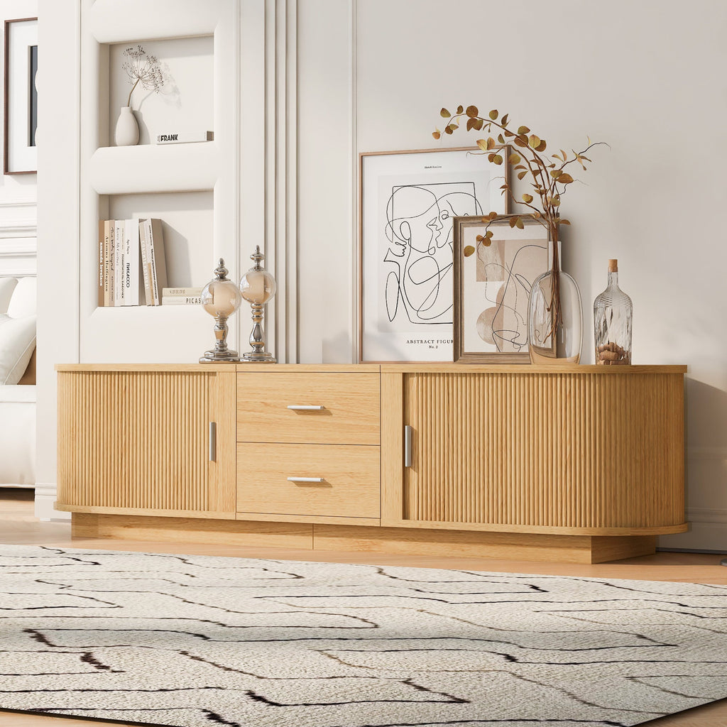 TV Stand American Style Acacia MDF Sliding Door Rounded Corners Fits 75 In TV