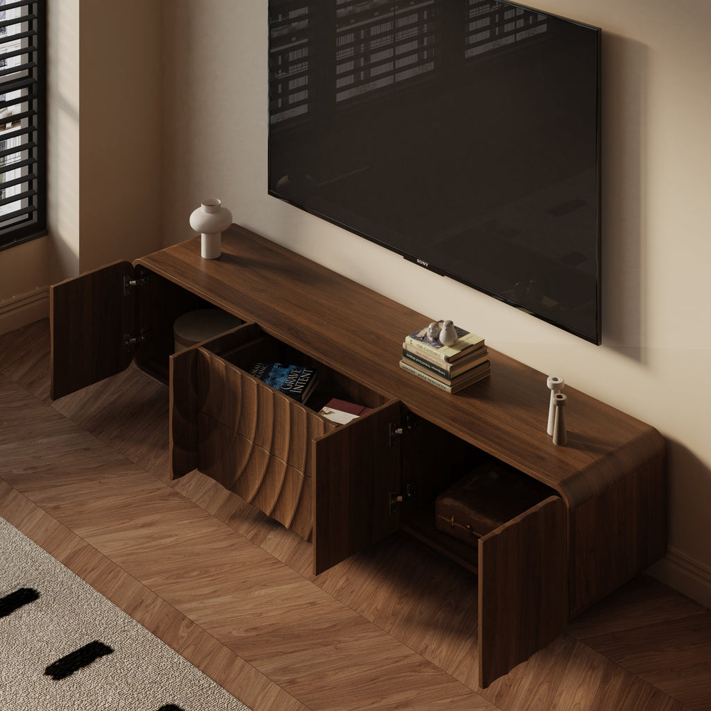 TV Stand Mid-Century Spiral Wave Walnut MDF Floating Base Fits 85 In TV