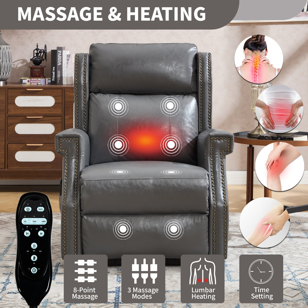 Recliner Chair Manual Faux Leather Gray Heat Massage 155 Degree 8 Nodes