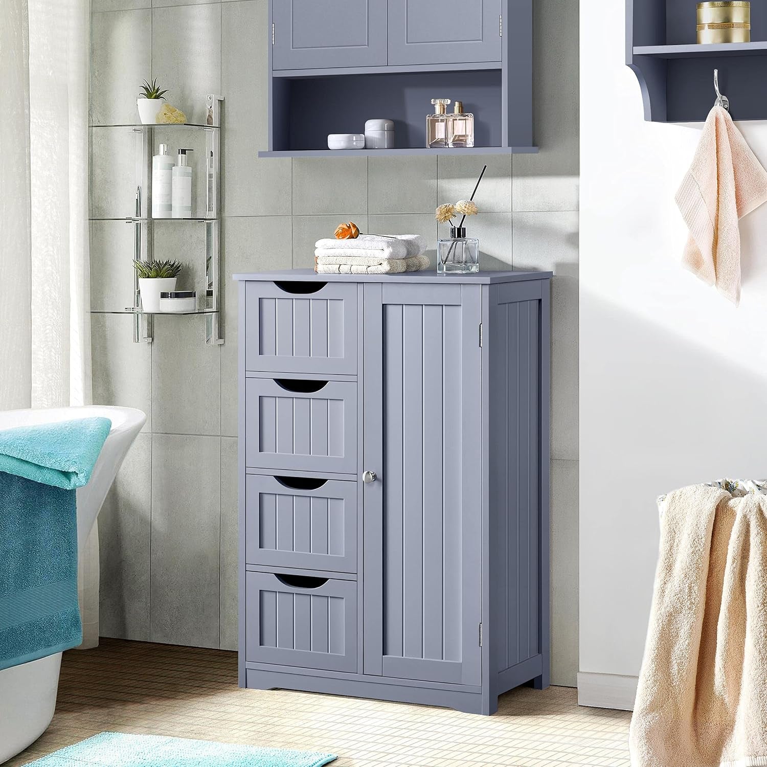 Gray Freestanding Bathroom Floor Cabinet With 4 Drawers