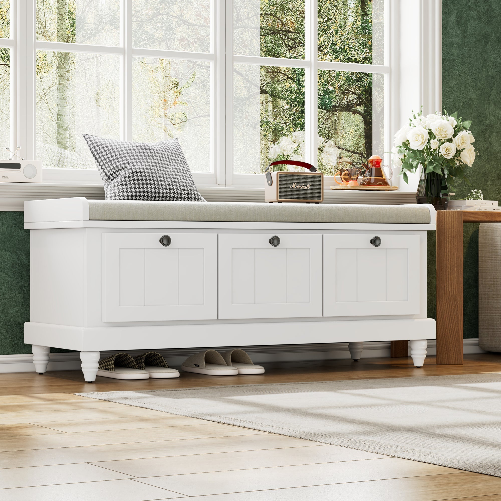 Entry Bench Fluted MDF White Cushioned Seat 3 Drawers 44x16x19 In 220 LB