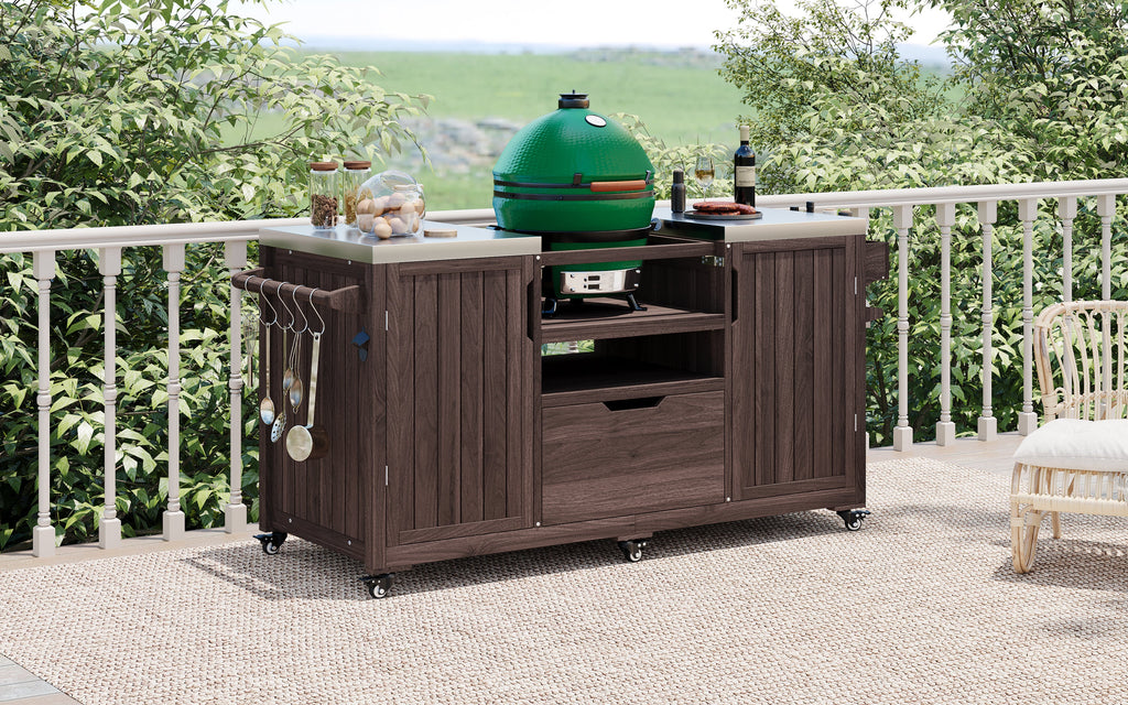 Outdoor Kitchen Island Grill Cart Fir Wood Stainless Steel Top 66.5x23x34 In