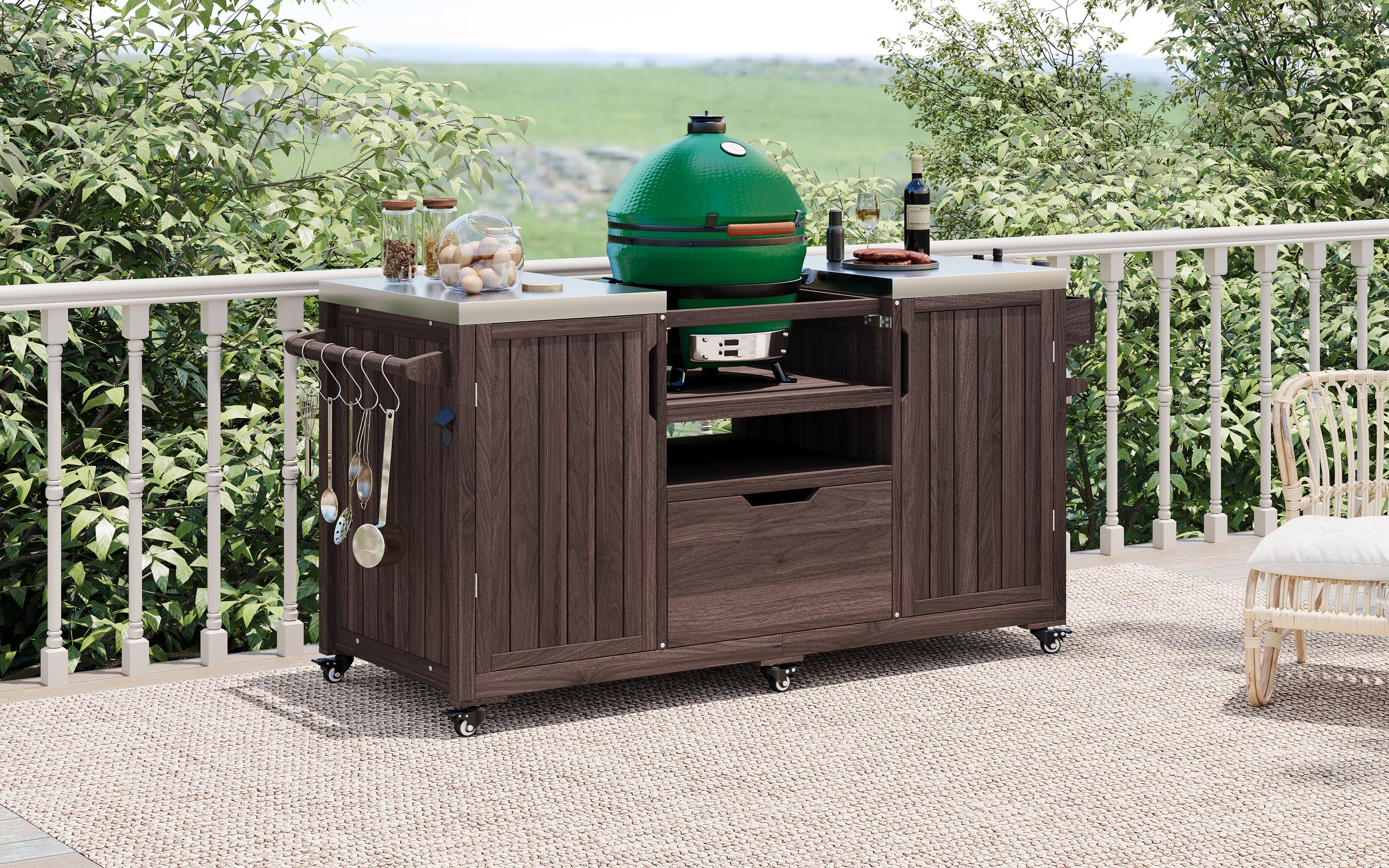 Outdoor Kitchen Island Grill Cart Fir Wood Stainless Steel Top 66.5x23x34 In