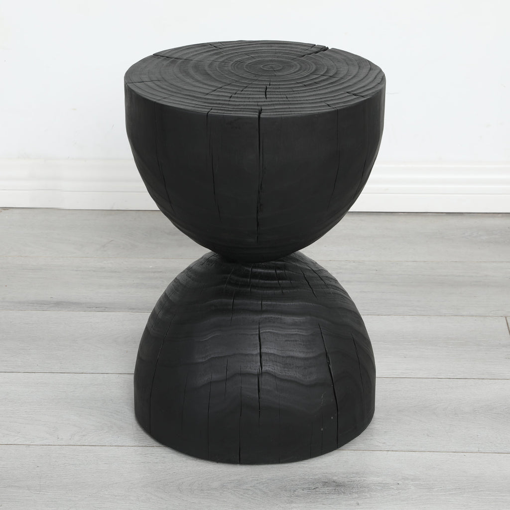 Solid Mango Wood Round Side Table, 12.2x18.11 in, Black, Burnt Vintage Look