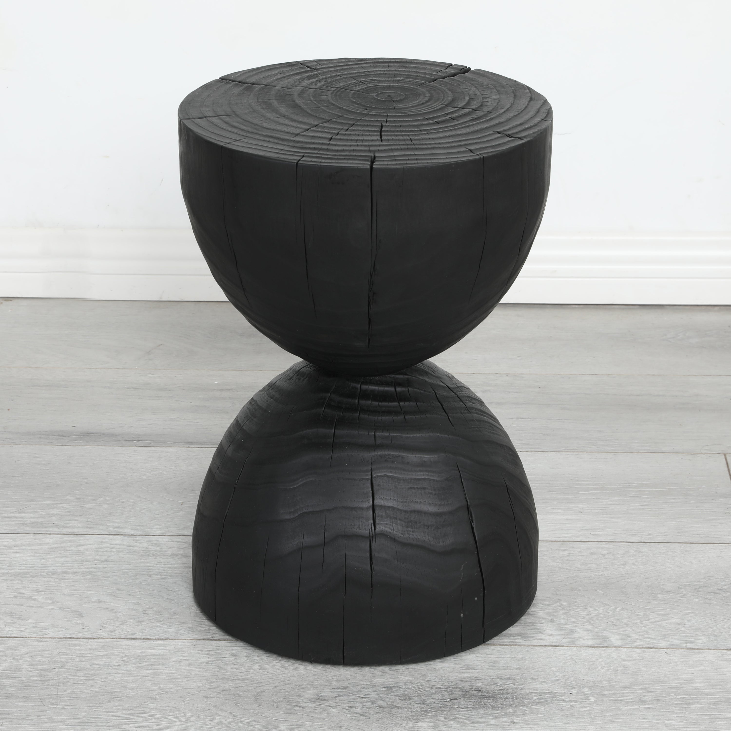 Solid Mango Wood Round Side Table, 12.2x18.11 in, Black, Burnt Vintage Look
