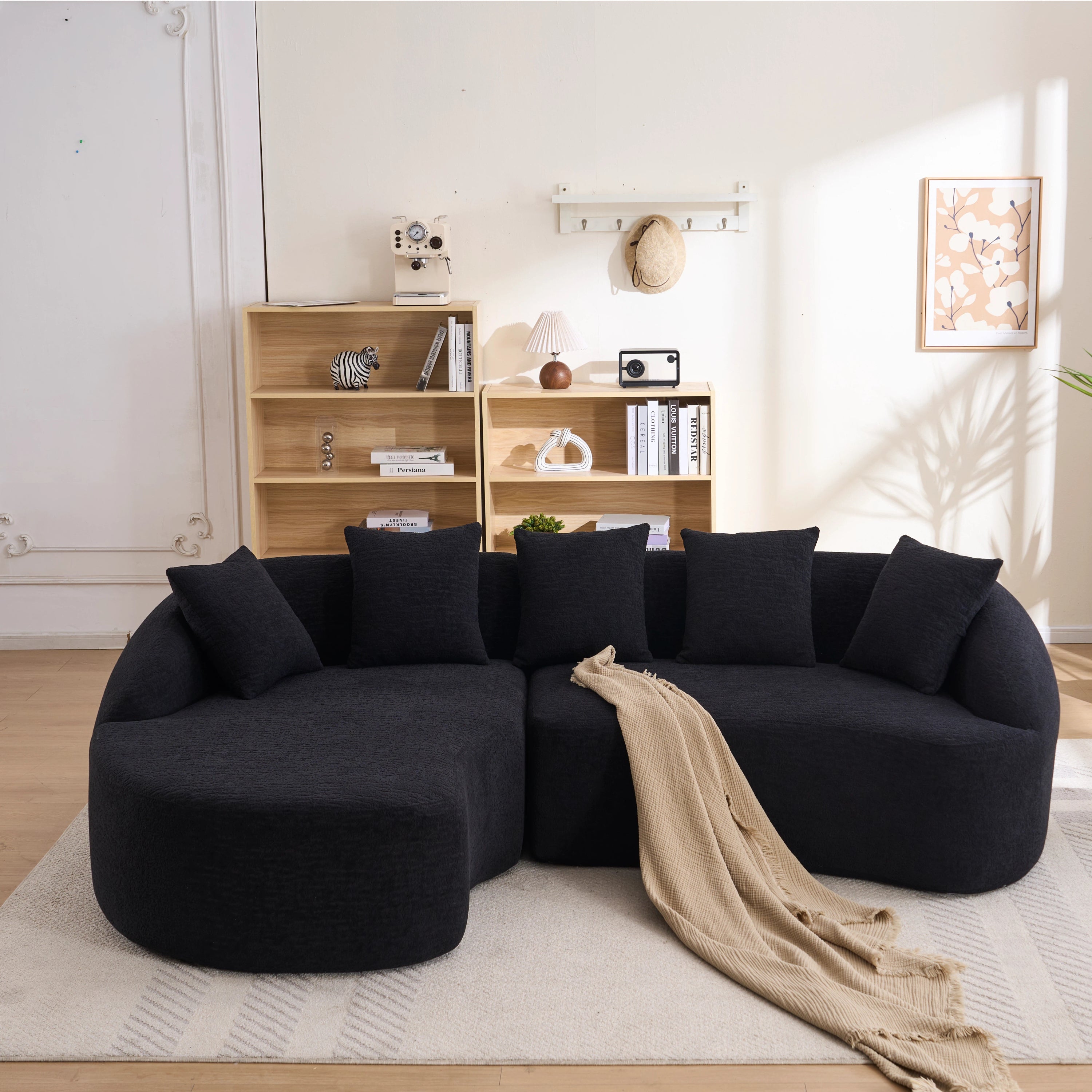 Sectional Sofa l Shaped with Curved Chaise Black Chenille Sleeper