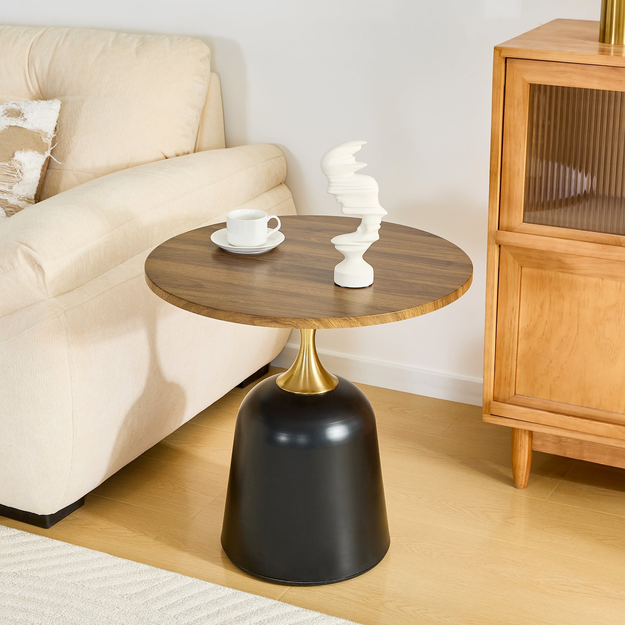 23.6 in Round Side Table, Metal Base, Walnut Wood Grain, Living Room Office
