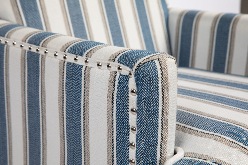 Accent Chair Vintage Striped Linen Blue White Nailhead Solid Wood Legs