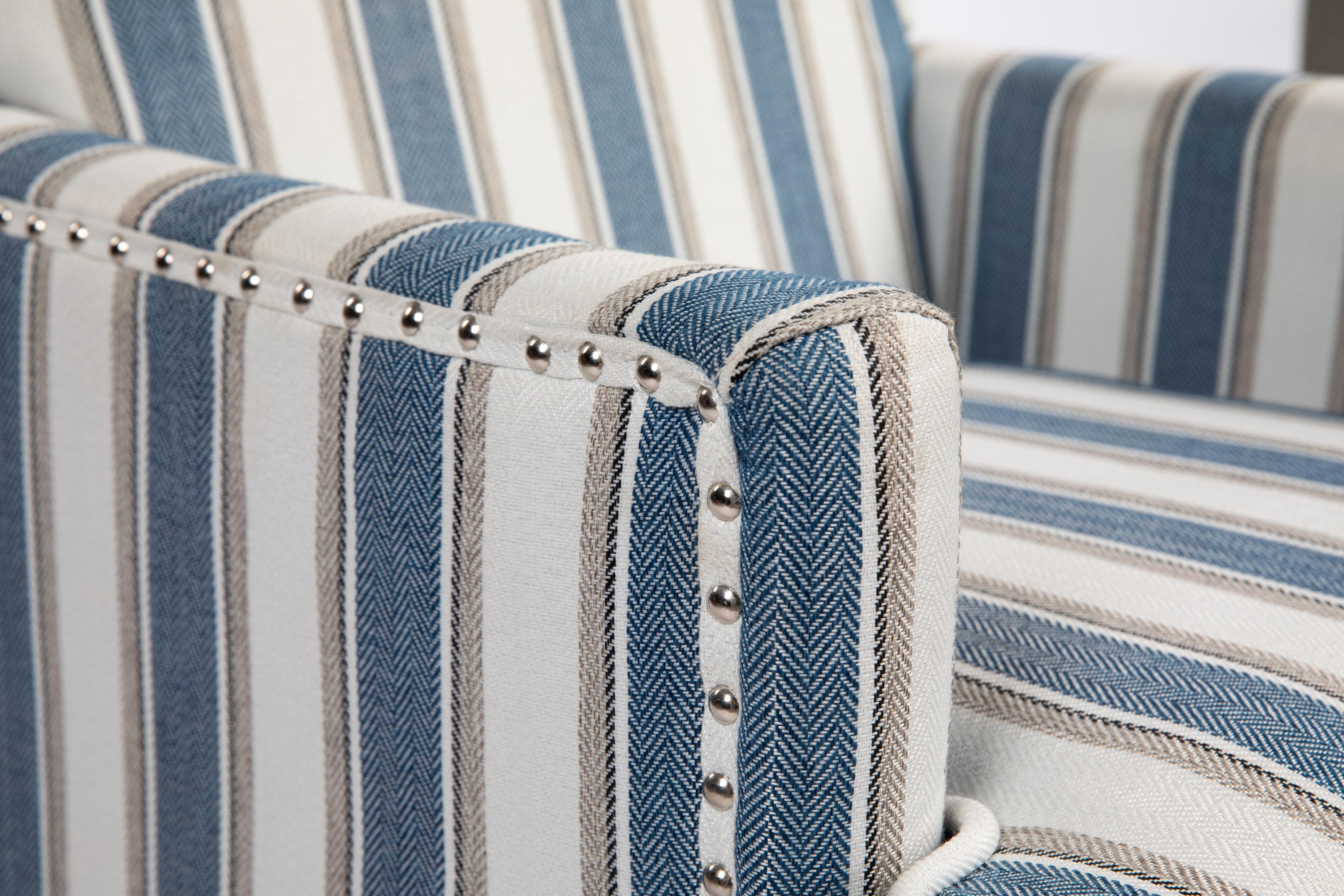 Accent Chair Vintage Striped Linen Blue White Nailhead Solid Wood Legs