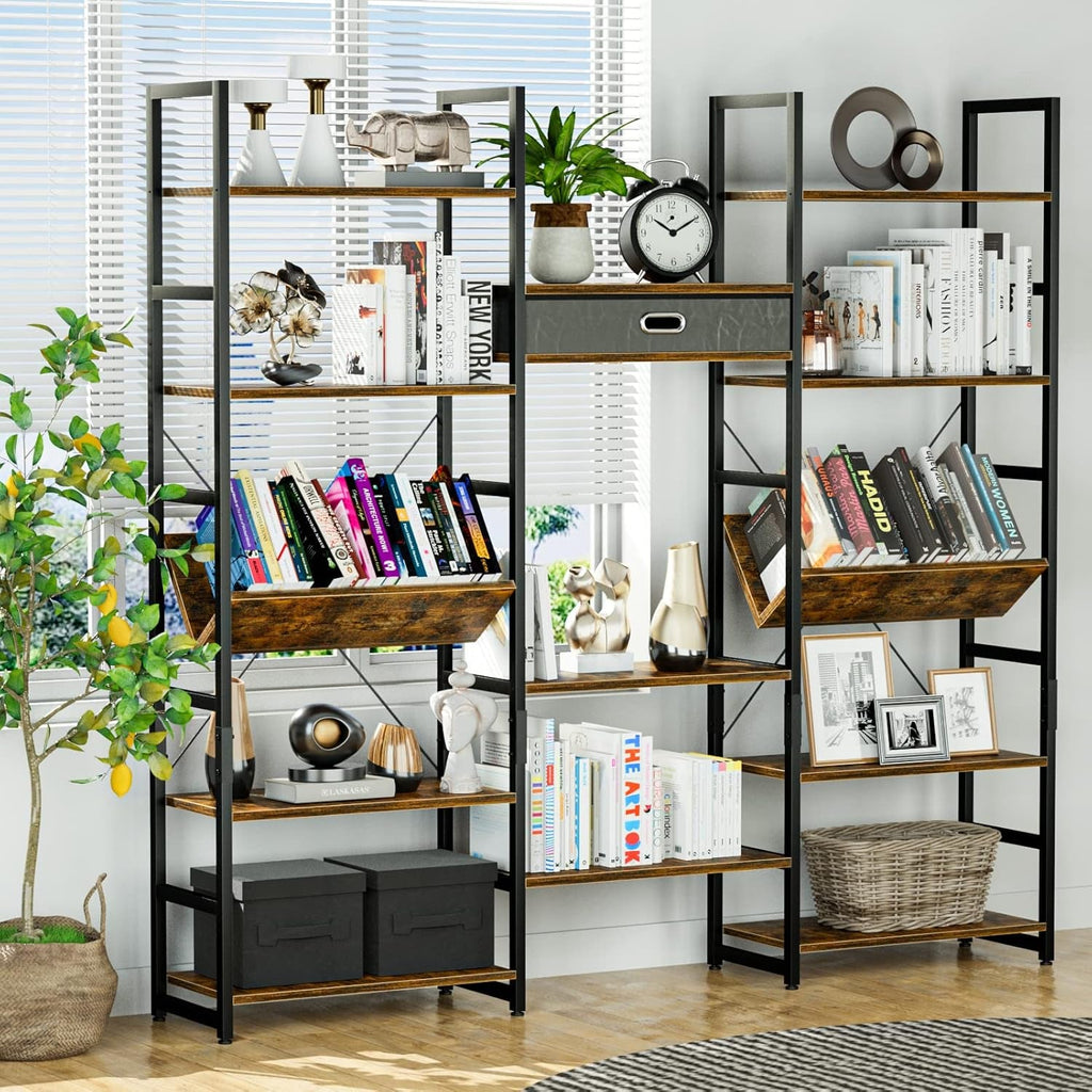 Triple Wide Five Tier Bookshelf Rustic Brown Finish