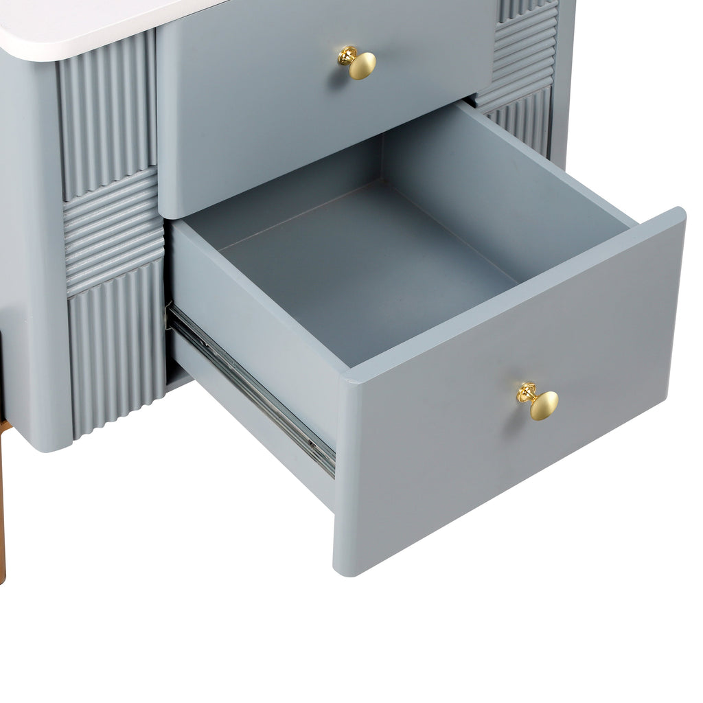 Modern Fluted Nightstand with 2 Drawers, Gold Metal Legs and Handles, Blue