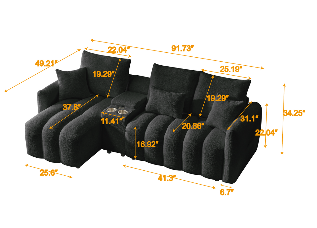 Sectional Sofa Cloud Teddy Fabric with Console USB Charger Cup Holders